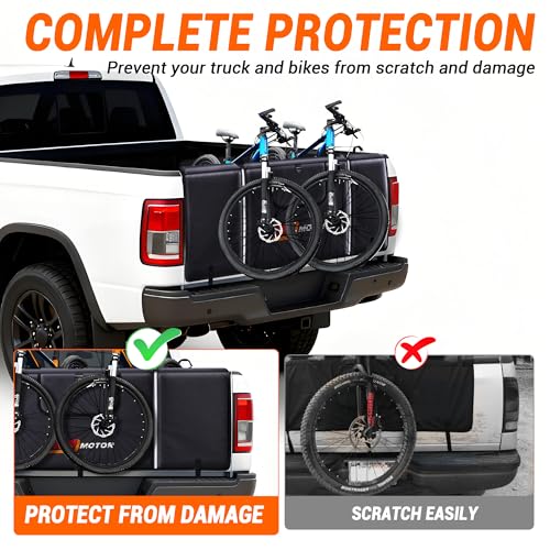 MNJ MOTOR Tailgate Bike Pad, Widen Size Pickup Truck Tailgate Carry 5 Mountain Bikes Protection Pad with Fixture Straps Reflective Strips Tool Pockets and Rear Camera Opening — view 2