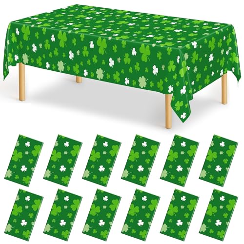 Image of 12 PCS St Patricks Day Tablecloth, Disposable 108 inch X 54 inch Shamrock Green Plastic Tablecloths, Lucky Shamrock Decor St Patricks Day Decorations for Table, Rectangle Irish Table Cover for Green Party