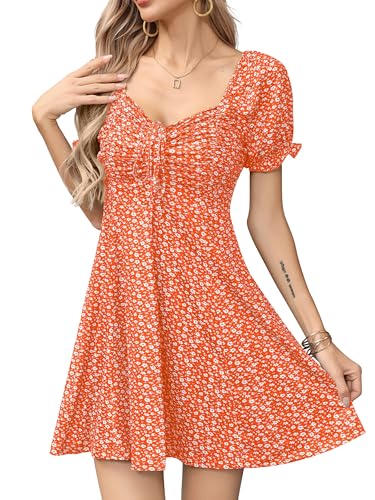 Image of Missufe Women's Puff Short Sleeve Drawstring Ruched Front Fit and Flare Floral Summer Casual Short Dress