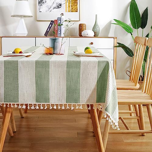 Nappe rectangulaire à pompons coton lin vert table cuisine salle à manger - 2