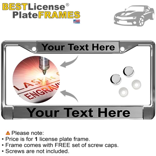 Image of Custom Personalized Chrome-Plated Metal Laser Engraved Standard Size - Car /Automobile License Plate Frame with Free caps - Steel /Black Text (Qty: 1 Frame)