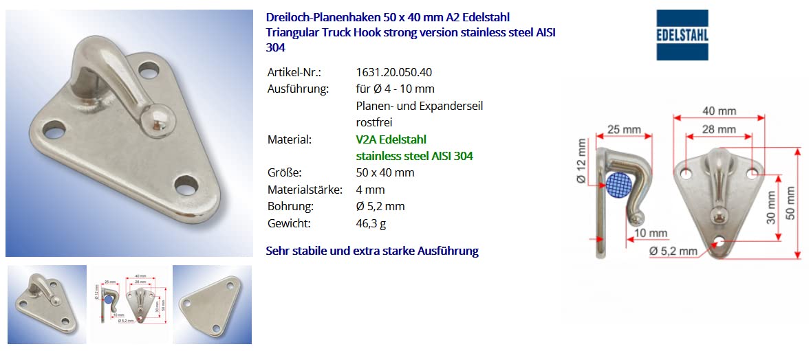 Dreiloch-Planenhaken 50 x 40 mm A2 Edelstahl rostfrei 25 Stück