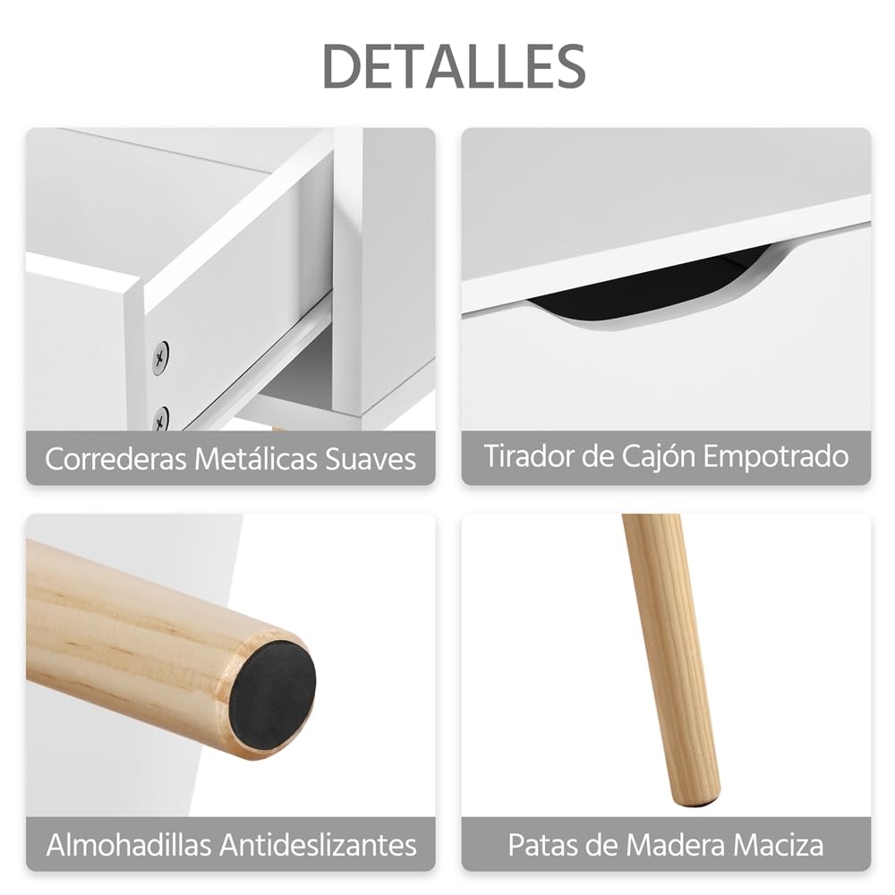 Yaheetech 2pcs Mesillas de Noche con 1 Cajón Mesitas de Noche | para Dormitorio Mesa Auxiliar de Madera para Sala de Estar Blanco 48,5×41×57,5 cm