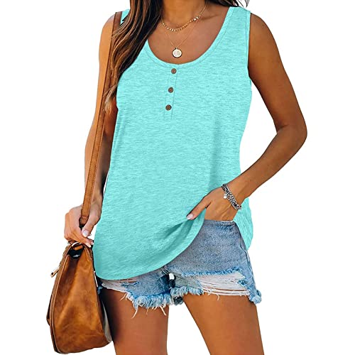 Large Size Tank Tops For Women Solid Color Summer Sleeveless Henley T-Shirts Tops Casual Button Down Tunics Shirts Mint Green #TOP2