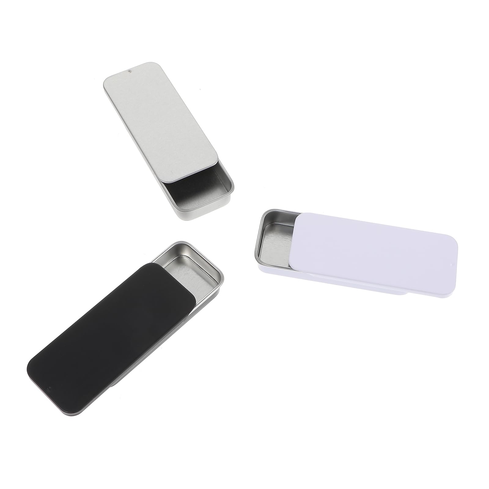 Ymapinc - 3 mini contenitori in metallo, impermeabili, con parte superiore scorrevole, per caramelle gommose, piccoli contenitori da mettere in tasca, per viaggi all'aperto (nero, bianco, argento