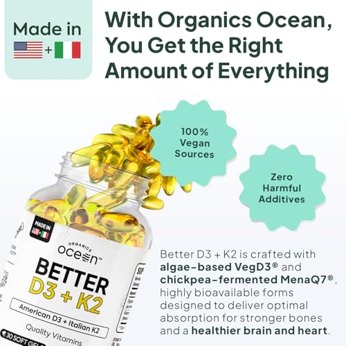 Image of Organics Ocean Better D3 + K2-100% Organic VIT D3 and K2 Supplements with Maximum Bioavailability - Supports Bone Density, Calcium Balance, Immunity & Mood - 3-Pack, 90-Day Supply