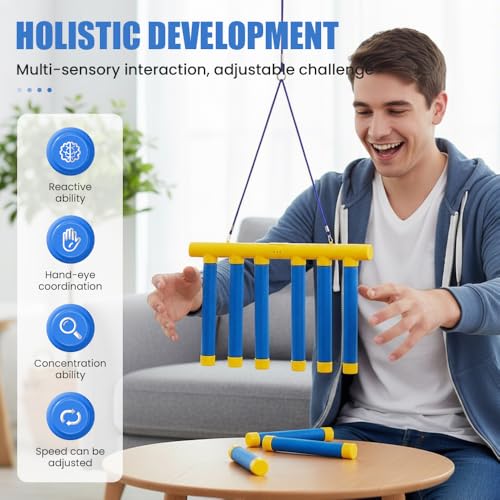 asfanst Reflective Drop Stick Challenge Game, Hand Eye Coordination Reflex Training Toy, 3 Adjustable Speed Modes, Catching Sticks Game for All Ages (Blue) - Thumbnail 4