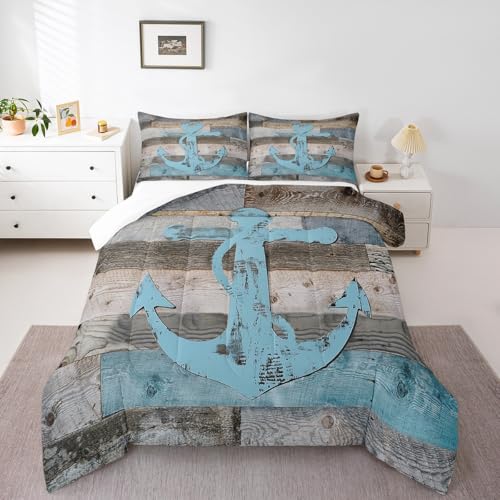 Anchor Nautical Comforter Set Full,Vintage Plank Blue Brown Bedding Set 3pcs for Kids Teens Adults Room Decor,Camping Adventure Quilt Set,Rustic Farmhouse Duvet Insert with 2 Pillowcases