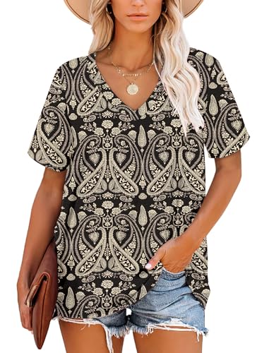 NARRAME T-Shirt für Damen Casual Sommer Tops Kurzarm Tuniken Paisley Boho Blumenmuster Schwarz X-Large XL 46-48