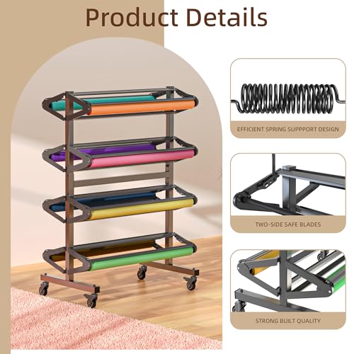 Large Paper Roll Dispenser, Vinyl Rack and Cutter for Craft Butcher Art Gift Paper Vinyl Storage Holder Holds Eight, 36inx9in Paper-Roll Holder for Crafting