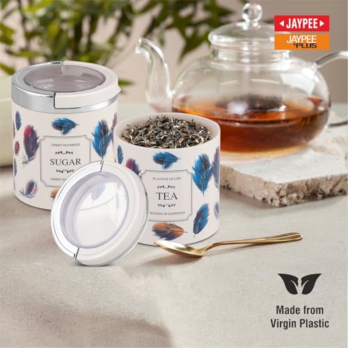 Image of Jaypee Plus Classique 2 Tea Coffee Sugar Storage Container Set 750 ml Airtight Plastic canisters Tea containers for kitchen | Silicon rubber lock Stackable glossy finish transparent Lid, Ivory Multi