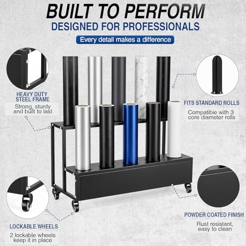 Image of 10 Rolls Large Vinyl Roll Holder Cart Heavy Duty Car Wrap Film Display Rack with Lockable Wheels Vinyl Roll Storage Organizer for Window Tint Wallpaper Textile Fabric Leather PVC Film