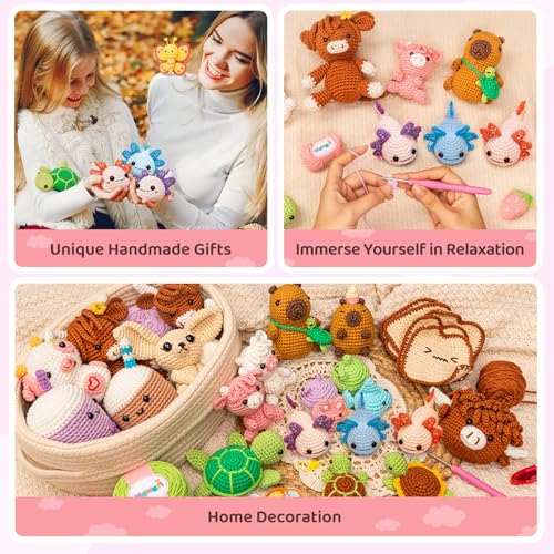 Mewaii Beginner Crochet Kit with 40% Extra Yarn, Pre-Started Yarn & Video Tutorials - 3 Axolotl Craft Set for Adults & Kids
