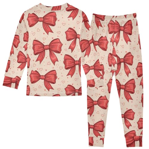 Pajama Sets Long Sleeve Red Bows Hearts Cream Background Soft Comfy Sleepwear 2 Piece PJS 3-8T3