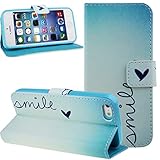 iPhone SE Case,iPhone 5S Case,NSSTAR Colorful Painted Drawing Luxury Fashion Light Blue Smile Little Love Shape Pattern Wallet Pu Leather Flip Folio Stand Case Cover Pouch With Credit ID Card Holder Slots for Apple iPhone SE 2016 & iPhone 5S 5 (Smile Love)