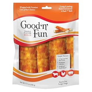 Good ‘n’ Fun Triple Flavor Rolls for Large Dogs, Treat Your Dog to Long-Lasting Chews Made with Beef Hide, Chicken and Artificial Pork Flavor, 6 Count