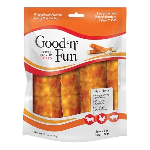 Good ‘n’ Fun Triple Flavor Rolls for Large Dogs, Treat Your Dog to Long-Lasting Chews Made with Real Beef Hide and Chicken, 6 Count