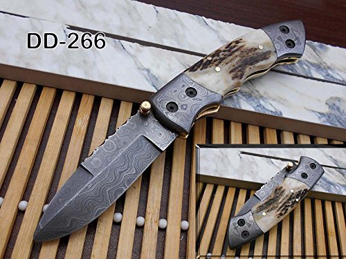 7.5" Folding Knife with 3.5" Blade, Stag, Bull Horn, Ram Horn & Bone Scale with Damascus Bolster Hand Forged Damascus Steel, Thumb knob & Liner Lock, Cow Hide Leather Sheath (Stag Antler with Pocket)