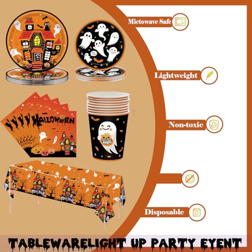 69pcs Halloween Party Tableware Set - Plastic Table Cloth, Paper Plates, Napkins, Cups - Ghost Trick or Treat Orange Dinnerware for Party Table Decorations - Image 3