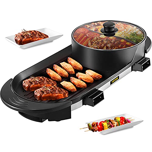 VEVOR Electric Grill Hot Pot 2 in 1, Multifunctional Grill Pan Indoor, Separate Dual Temperature...