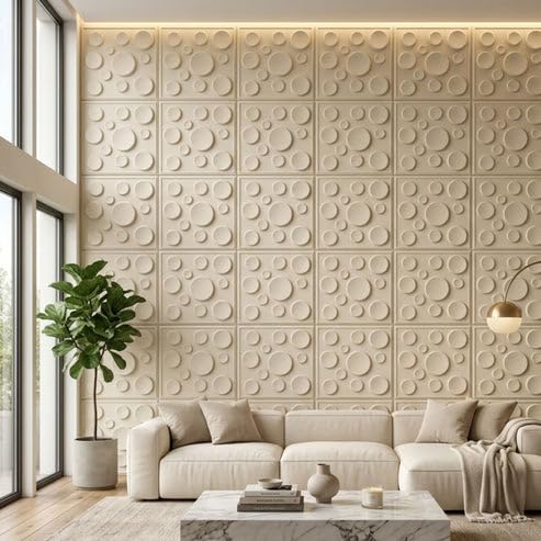 Image of Kayra Decor 3D PVC Wall Panels for Bedroom & Living Room | Moon Design | White Tail Color | 19.7 x 19.7 Inch | Pack of 40 | 107.6 Sq Ft