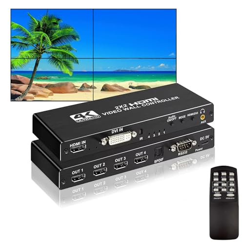 Contrôleur de Mur vidéo 4K HDMI 2x2, processeur de Mur vidéo pivotant de 180° avec télécommande IR, 8 Modes de Collage 1x1 1x2 1x3 1x4 2x1 3x1 4x1, combinez 4 écrans en Un Affichage Mural.