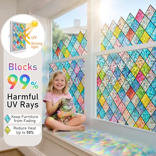 Image of Sunbaby Window Privacy Film Stained Glass Decorative Rainbow Window Cling 3D Static Clings Colorful for Home Decoration, Anti-UV & Heat Control Non-Adhesive (23.6 inchx157.4 inch)
