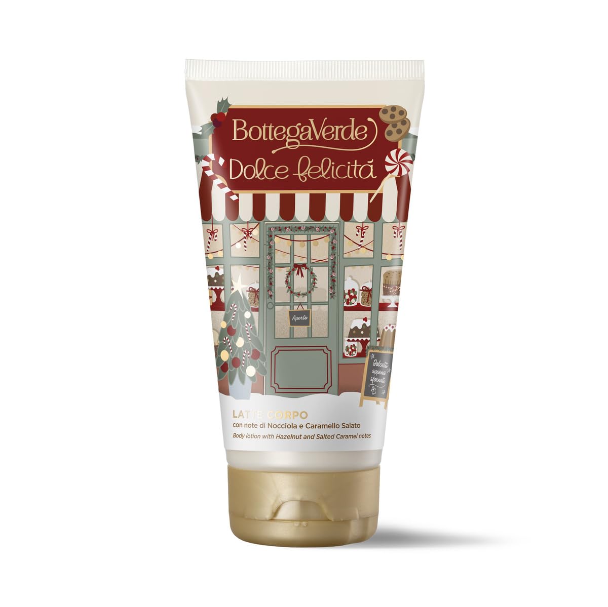 Bottega Verde - Cofanetto Regalo Dolce Felicità, con Bagnodoccia 250 ml, Latte Corpo 150 ml, Crema Mani 30 ml, Balsamo Labbra, Fragranze di Nocciola e Caramello Salato