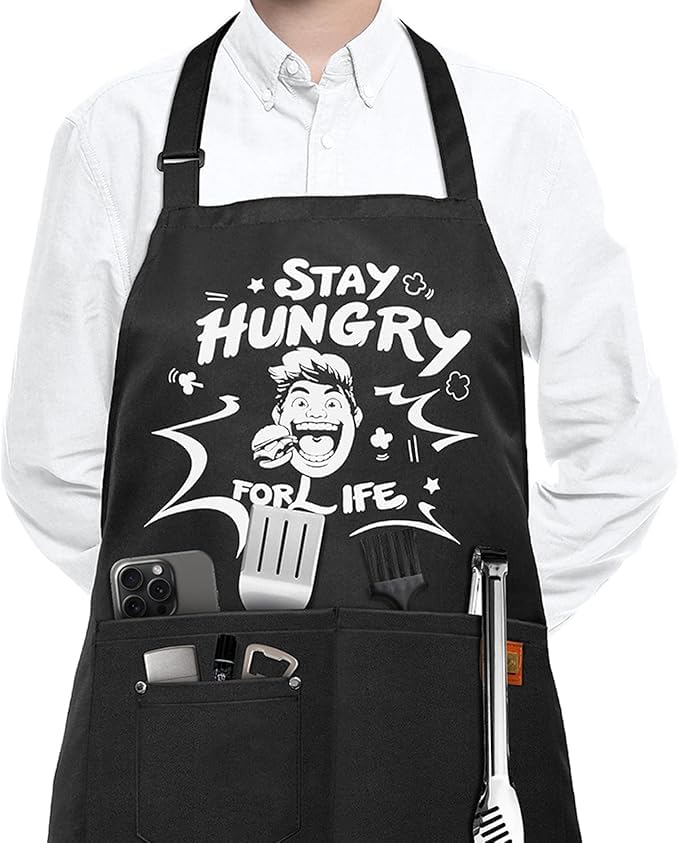 Kitchen Apron for Men Women, BBQ Apron for Men: Easy to Adjust Neck Strap, Long Waist Straps, Funny Waterproof Kitchen Apron for Father Dad Boyfriend Husband, Personalized Gift, 3 Pockets (Black)