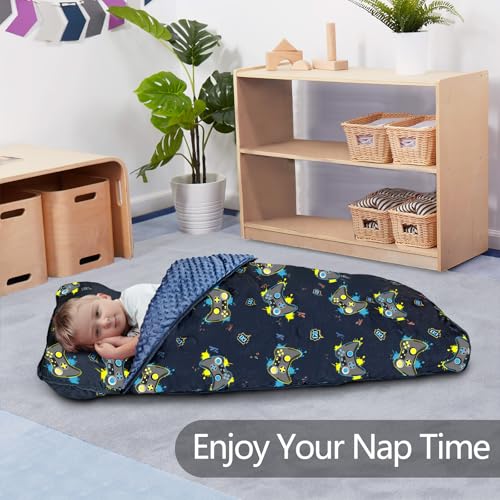 Image of Primlect Thickened Toddler Nap Mat with Removable Pillow and Minky Blanket, Extra Large 55''x35'' Sleeping Bag, Washable, Roll up, Perfect for Daycare, Preschool, Kindergarten, Boys and Girls