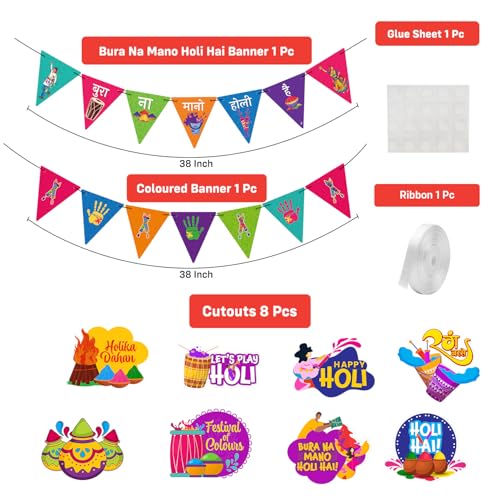 Image of Party Propz Holi Decoration Items for Home - 12 Pcs Bura Na Mano Holi Hai and Theme Banner and Unique Cutouts for Decoration for Home, Office, Party (Cardstock)