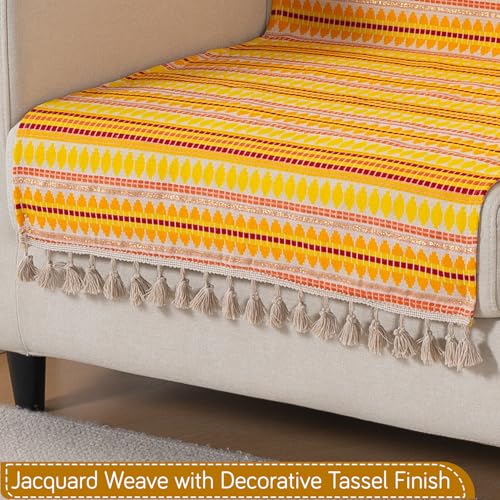 Image of HOKIPO 'Artisan Boho Series' 450 GSM Sofa Cover with Tassels | Multicolor Cotton Acrylic Jacquard Slipcover for 1 Seater Sofa, Size 152x60 cm, Mustard Yellow (IN-907-A1)
