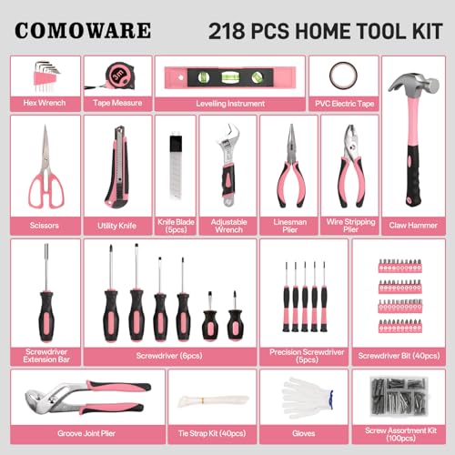 Kit de herramientas combinado 218 piezas con taladro inalámbrico 12V rosa miniatura 2