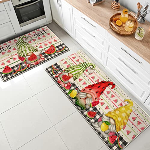 Tailus Summer Gnome Watermelon Lemon Decorative Kitchen Rugs Set Of 2, Life Is Sweet Kitchen Mat Buffalo Plaid Non-Slip Floor Mat, Spring Home Kitchen Decorations 17X29 And 17X47 Inch #TOP4