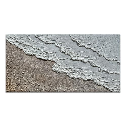 Oil Painting Hand-Painted Thick Texture Wave Beach Minimalist Modern Abstract Canvas Art Warm Acrylic Painting 20x40 Inches Home Office Wall Decoration