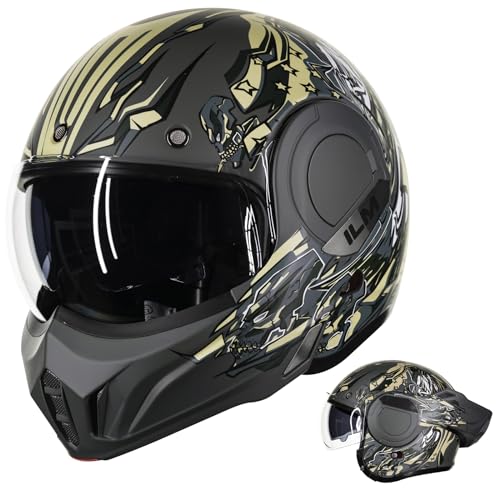 ILM Casco Moto Modulare Integrale per Uomo e Donna Apribile ATV UTV con Mentoniera Reversibile a 180°ECE Model-B707,Verde Militare, L
