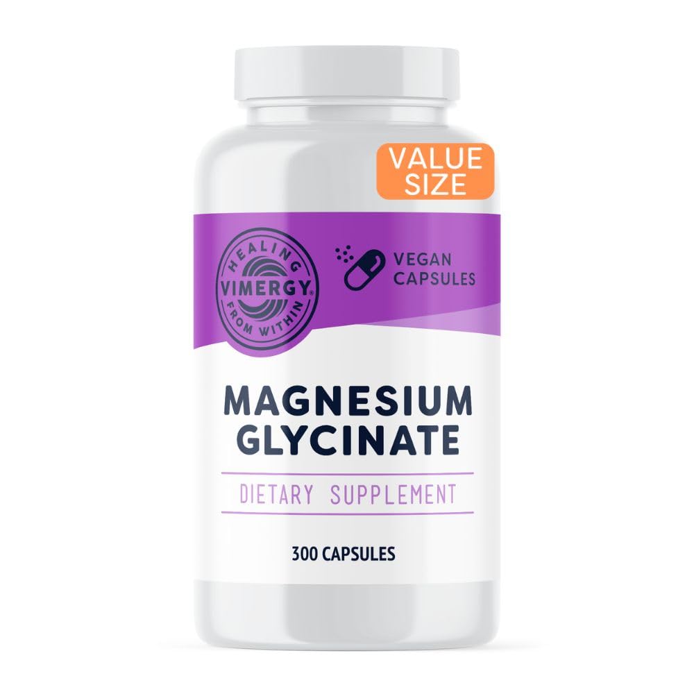 VIMERGY Magnesium Glycinate – Stress Support – Chelated to Avoid Tummy Upset*– Promotes Heart Health & Energy*– Kosher, Vegan Gluten-Free – 300 Caps