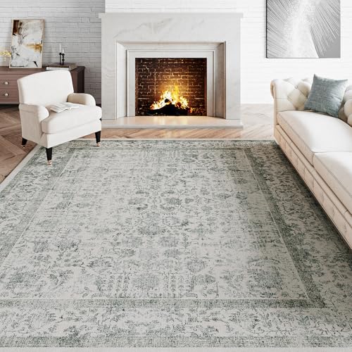 Sage Green Area Rug 6x9 Living Room Washable Carpet Vintage Distressed Non Slip Bedroom Carpet Neutral Low Pile Retro Floral Farmhouse Large Rug Home Office Dining Room Playroom 6' x 9' (Rec