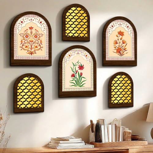 Image of MDF Jharokha Wall Mirror for Home Decor | Traditional Decorative Wall Hanging Jharokha Mirror | Premium Mirrors for Living Room Bedroom Set of 6 (9x12 inch & 7.5x9.5 inch)