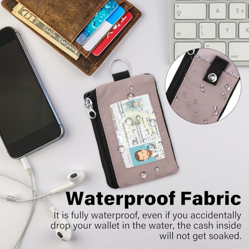 Image of Minimalist RFID Wallet with Lanyard, Multi-Functional ID Case with 2 Zipper Pockets and Key Chain for Men and Women, Tactical Badge Pouch Cards Holder, Coin Purse for Travel Sports - Gray&Pink