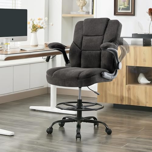 Image of Drafting Chair 500Lbs, Tall Office Chair for Standing Desk, Fabric Executive Office Chair with Flip-up Armrests, Ergonomic High Chair with Adjustable Foot Ring, Comfy Stool Chairs, Black