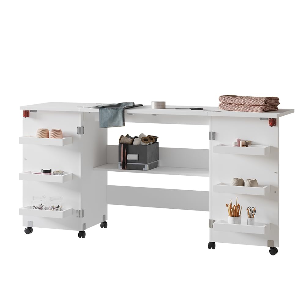 Vicco Mesa de Costura Carmen, Blanco, 160 x 80.2 cm con 6 estantes, Plegable con Ruedas para Uso Flexible como Mesa de Trabajo