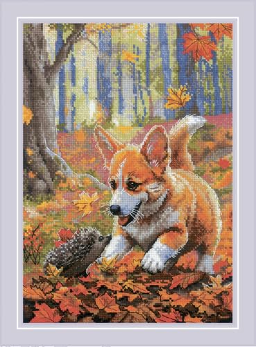 Image of RIOLIS - Meeting in the Forest 2303, Cross Stitch Kits 8 inchx11, Dog Cross Stitch Kits for Beginners & Advanced, Crossstitching Kit Adult, Animals Embroidery Counted Stitching Kit