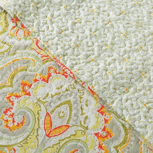 NEWLAKE Cotton Bedspread Quilt Sets-Reversible Patchwork Coverlet Set, European Beige Floral Pattern, Queen Size
