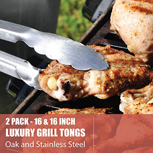 GRILLHOGS Barbecue Grill Tongs, 16 Inch 2 Pack, Best Metal Kitchen Tongs for Cooking and Grill Accessories, Stainless Steel + Oak Wood BBQ Tongs