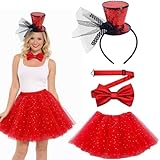 GWAWG - Diadema con mini sombrero de alta forma, sombrero de lentejuelas con pajarita y falda de tul, accesorio con lentejuelas para mujeres, ideal para carnaval, Halloween y fiestas