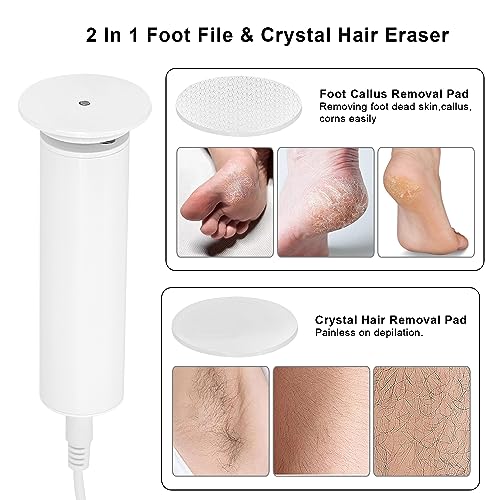 Electric Foot File Hard Skin Remover,2 in 1 Electronic Pedicure Foot Callus Remover and Crystal Hair Eraser for Feet Dead Skin,Cracked Heels,Hair Removal,2pcs Reusable Pads (USB Plug) - Image 3