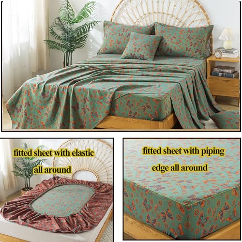 Image of FADFAY Butterfly Sheets Set Queen Vintage Green Red Floral Bedding Shabby Farmhouse Bedding Super Soft Washed Double -Layer Muslin Sheets 100% Cotton Deep Pocket Fitted Sheet 4Pcs, Queen Size