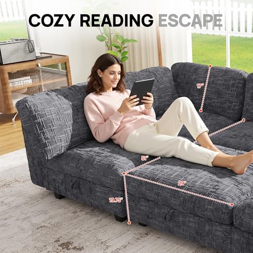 Image of 128 inch Modular Sectional Chenille Sofa bed with Hidden Storage, Comfy Modern 8 Seater Oversized Deep Seat Couch, Modular Sectional with Ottoman and Removable Cover for Living Room, Apartment, Gray