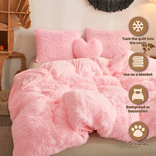 Mego Luxury Shaggy Faux Fur Duvet Cover Set, Soft 3 Pieces Fluffy Comforter Cover Set, Fuzzy Bedding Set For Bedroom Guest Room(1 Plush Furry Duvet Cover + 2 Pillowcases), Zipper Closure(Queen, Pink) #TOP1